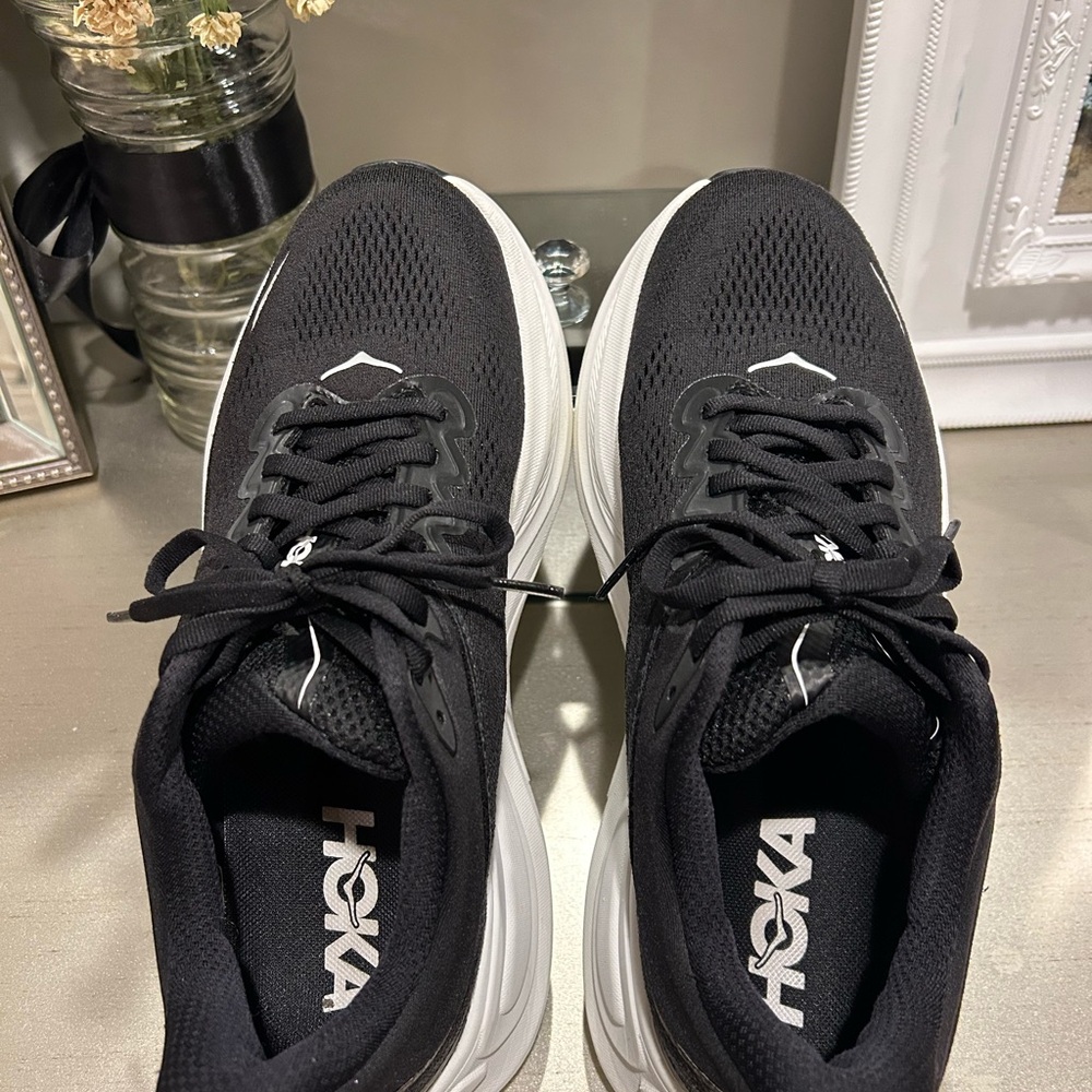 Hoka Bondi 9 Women's Black & White Platform Running Sneakers - Picture 5 of 12